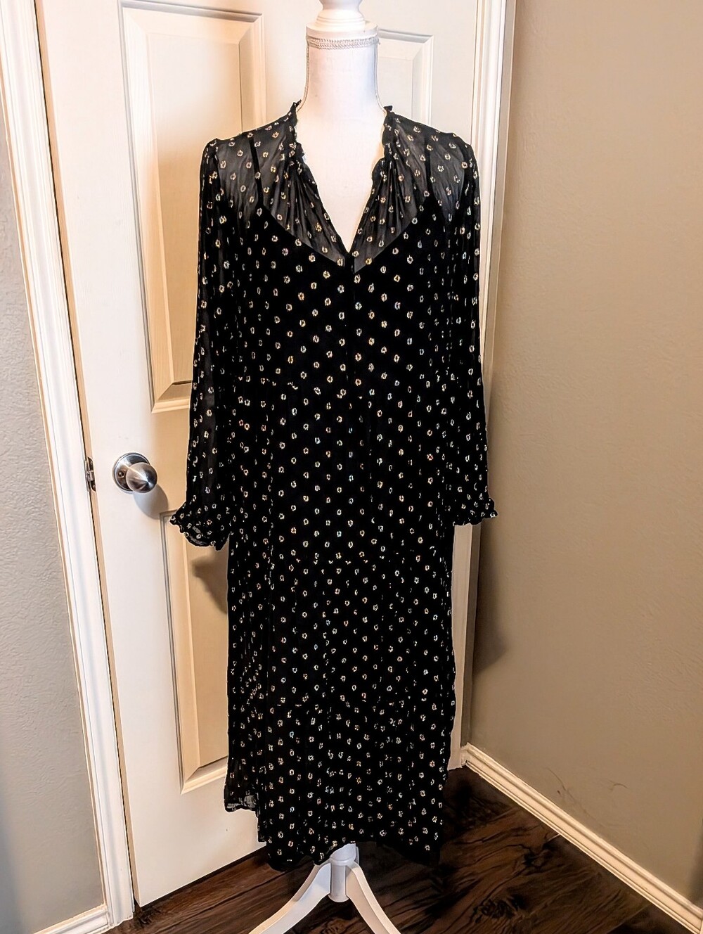 LOFT Black Maxi Dress with Multicolor Metallic Tread Circles